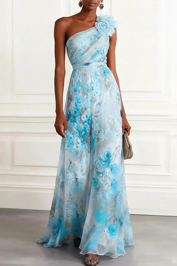 Verne Chiffon 3D Floral One Shoulder Pleated Sleeveless A-Line Gown Maxi Dress