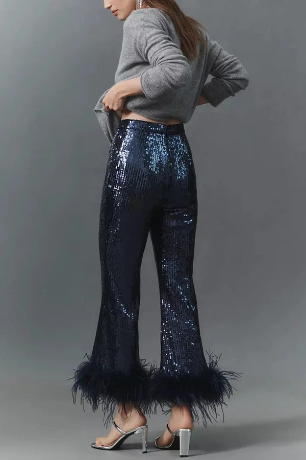 New Year Eve Sequin Feather Trim High Rise Back Zipper Flare Pants