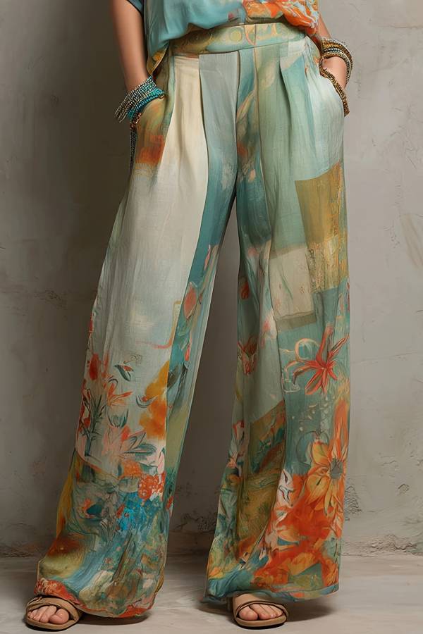 Watercolor Floral Print V-Neck Blouse & High-Waisted Wide-Leg Pants Set