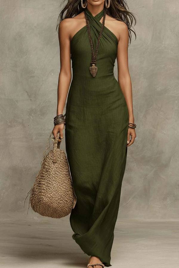 Cross Halter Linen Fitted Vacation Maxi Dress