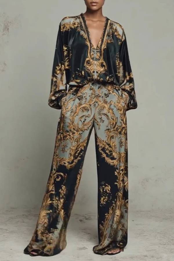 Baroque Ornate Floral Print Top And Wide-leg Trousers Casual Suit