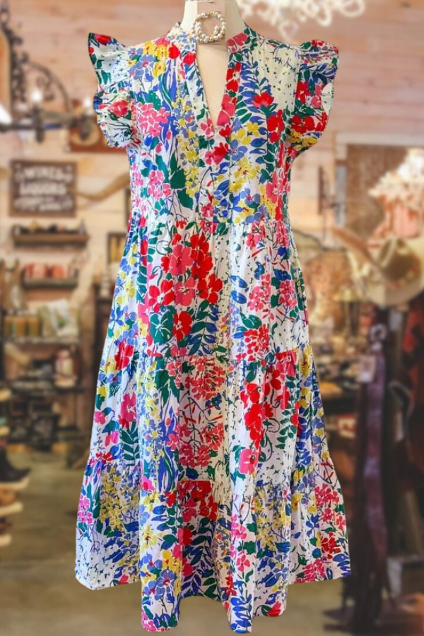 Multicolor Floral Ruffle Sleeve Layered Dress