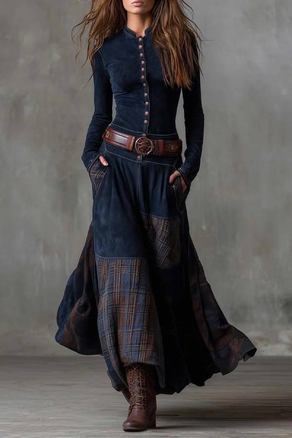 Patchwork Plaid Maxi Skirt