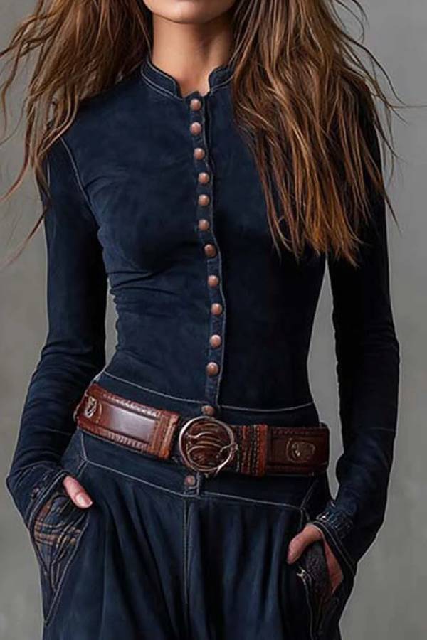 Navy Plaid Paneled Vintage Suede Maxi Dress