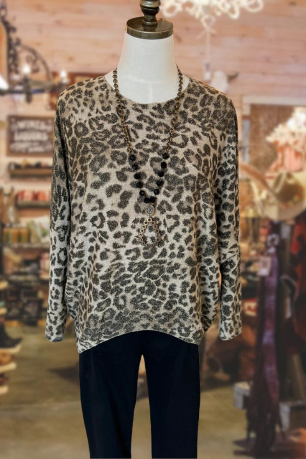 Wool fleece leopard print crew neck top