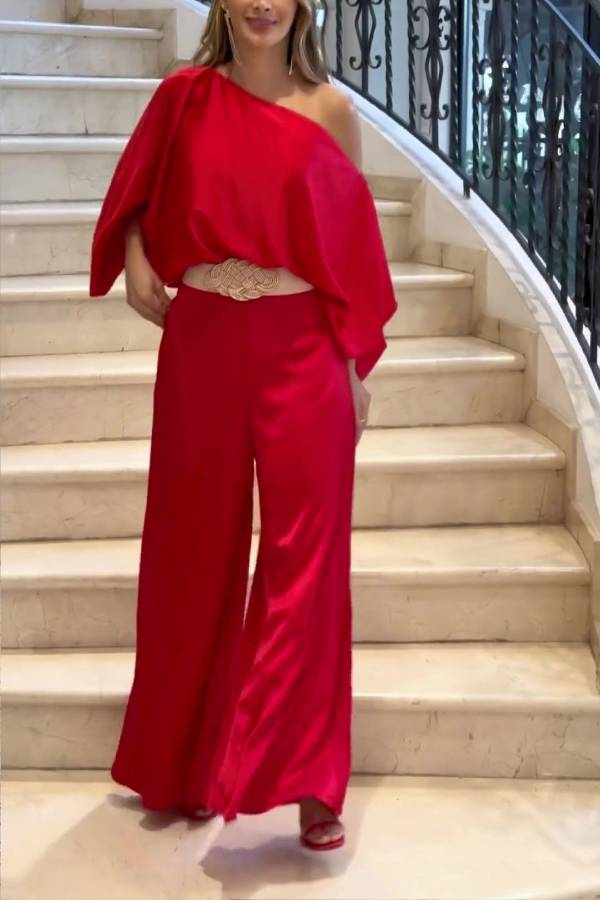 Off-the-shoulder batwing sleeve wide-leg pants suit