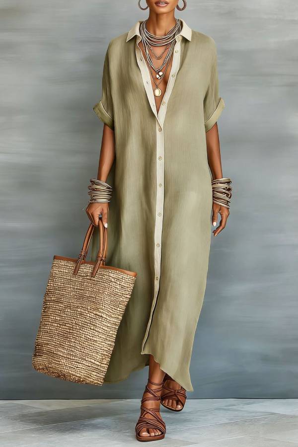 Color Contrast Collar Long Shirt Dress