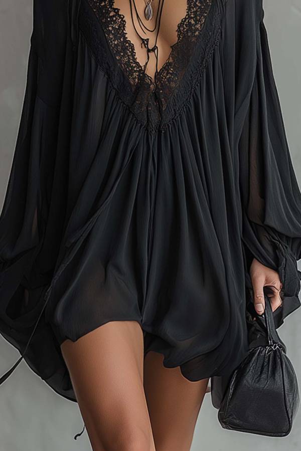 Black Chiffon Halter Mini Dress With Lace Neckline