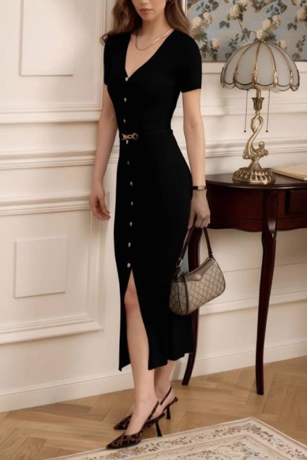 V-neck single-breasted slim-fit knit slit dress (belt not included)