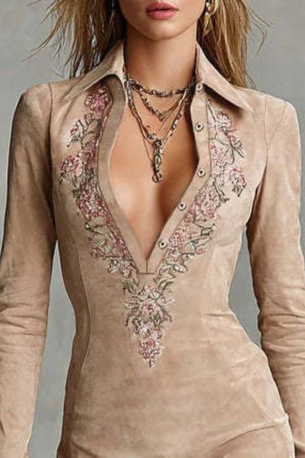 Shirt collar floral embroidery deep V-neck fitted dress