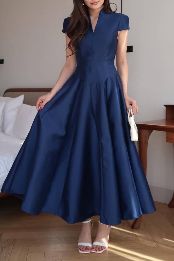 Elegant Dark Blue V-neck Long Dress