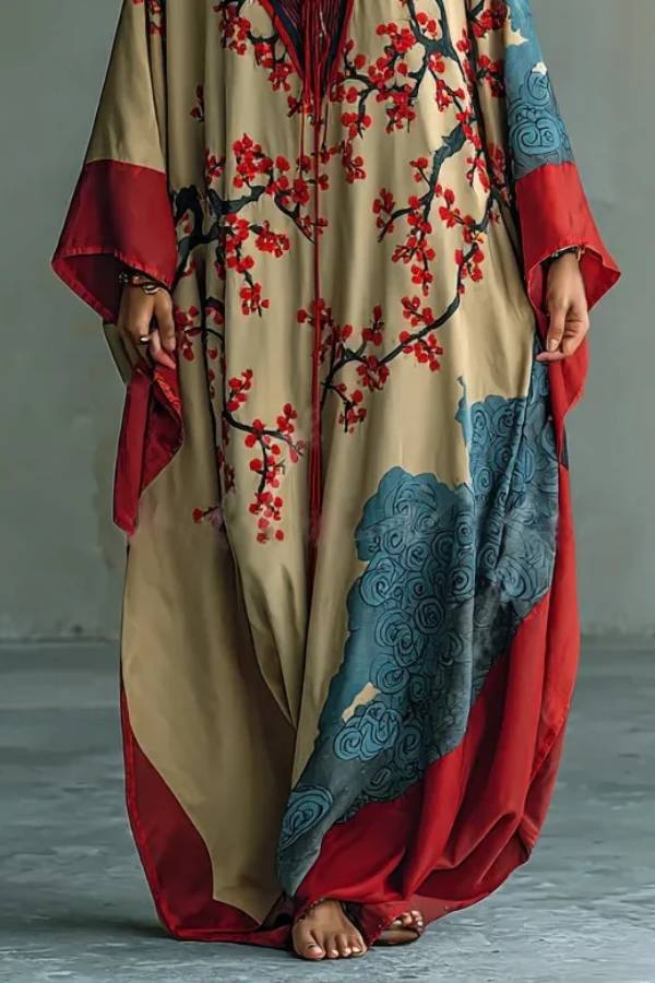 Japanese Red Plum Blossom Print Batwing Sleeve Maxi Dress