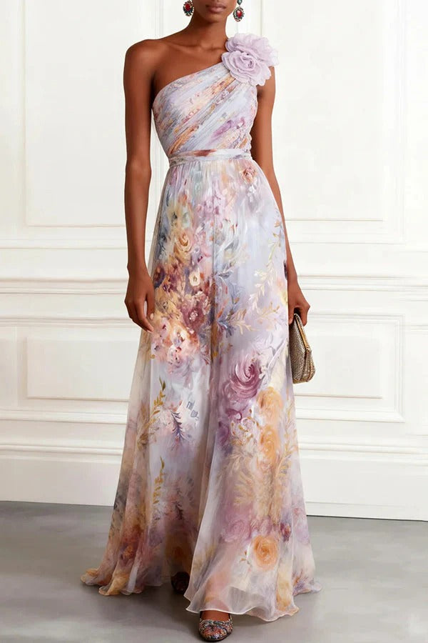 Verne Chiffon 3D Floral One Shoulder Pleated Sleeveless A-Line Gown Maxi Dress