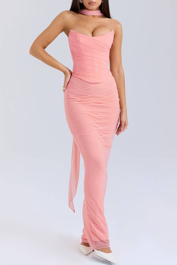 Neck Wrapped Strapless Corset Bodycon Maxi Skirt 2pcs Set-Blue