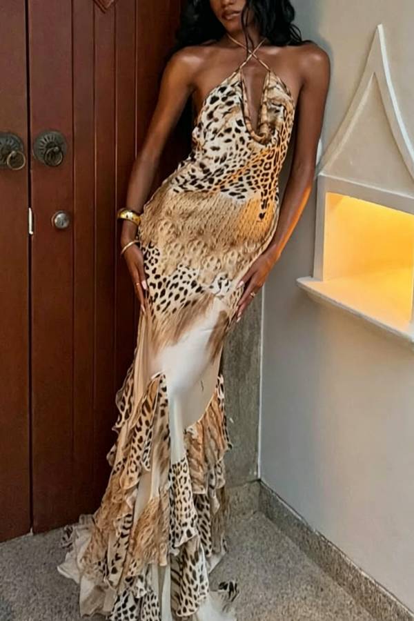 Coral Satin Leopard Print Halter Cowl Neck Exaggerated Ruffles Hem Maxi Dress