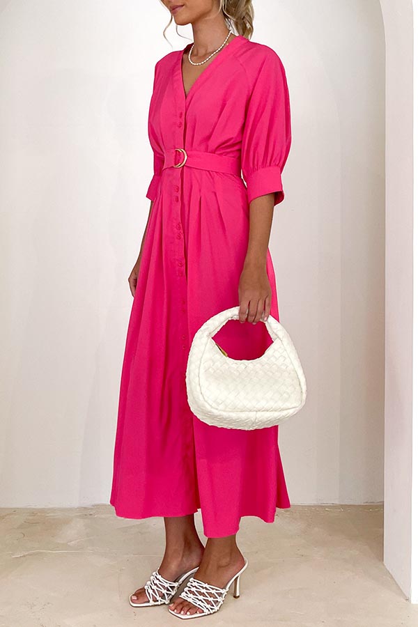 Marnita V Neck Belt Casual Pink Maxi Dress