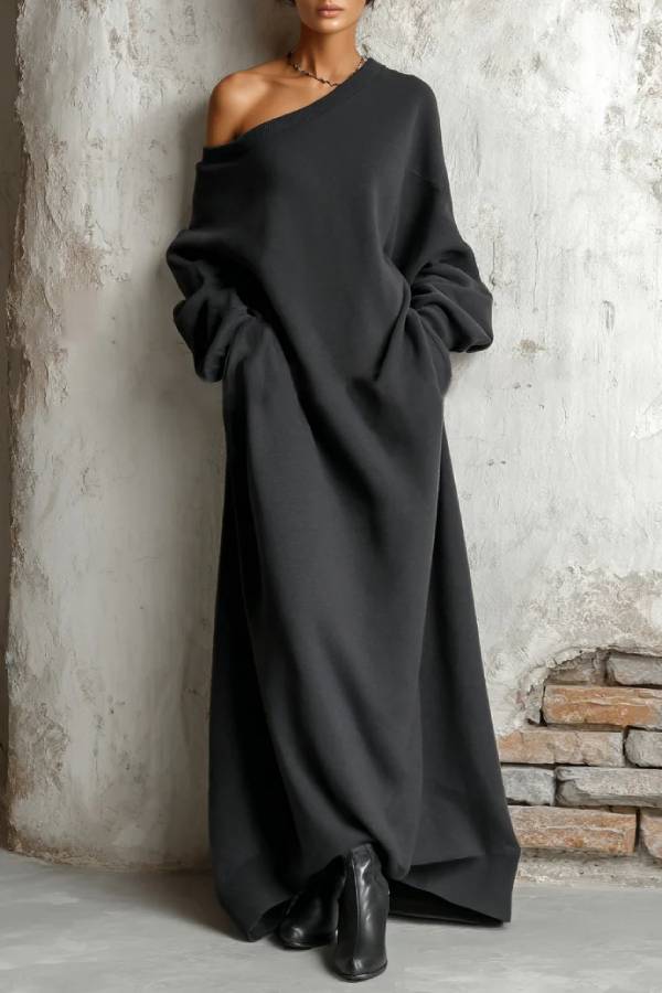 Black Off-shoulder Sweatshirt Maxi Dress