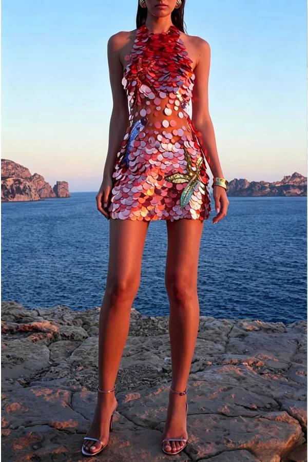 Dorothy Large Sequin Fish and Starfish Embroidery Detail Halter Mini Dress
