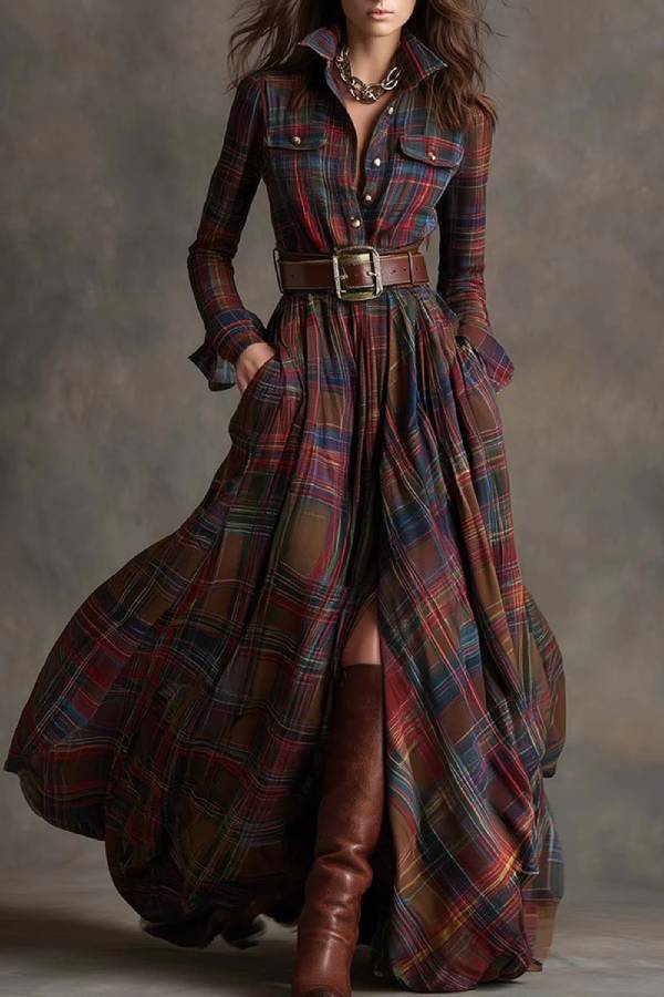 French retro waist long sleeve chiffon dress