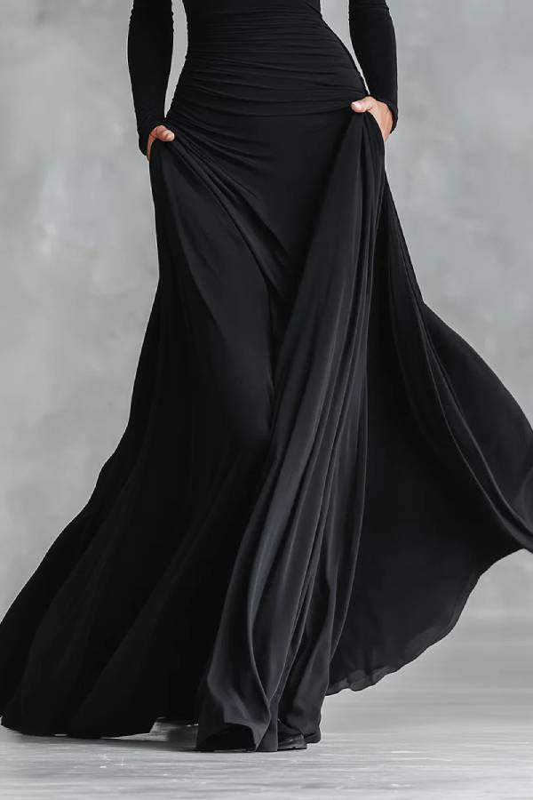 Black modern crepe pleated boat neck long dress