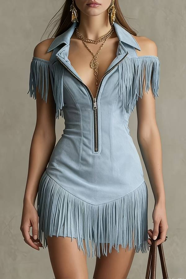 Western-Style Lapel Zipper Tassel Slim-Fit Mini Dress