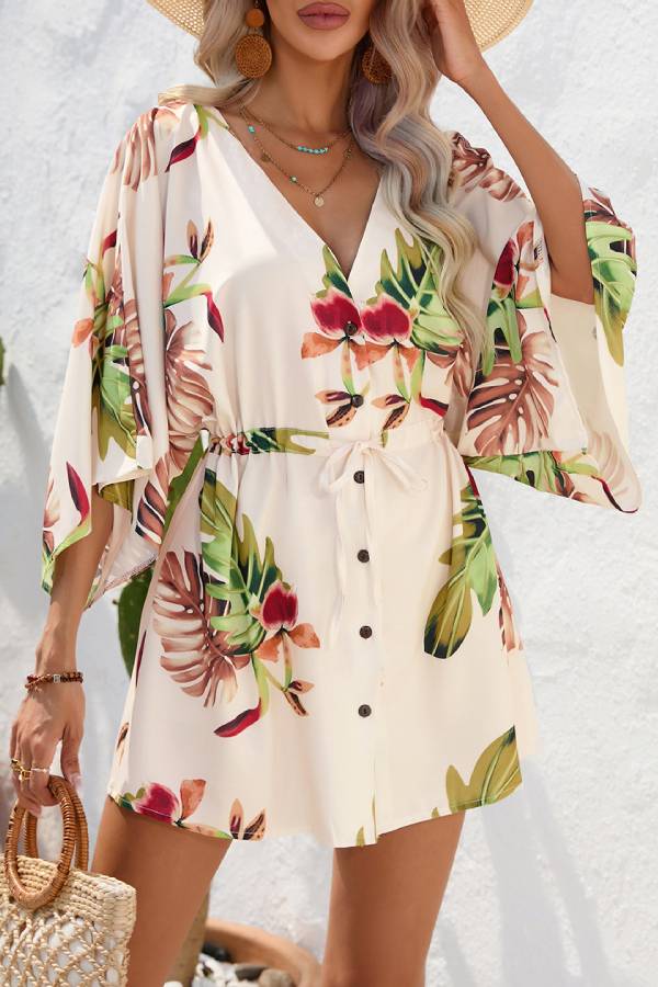 Resort-style printed batwing sleeve tie-up jumpsuit