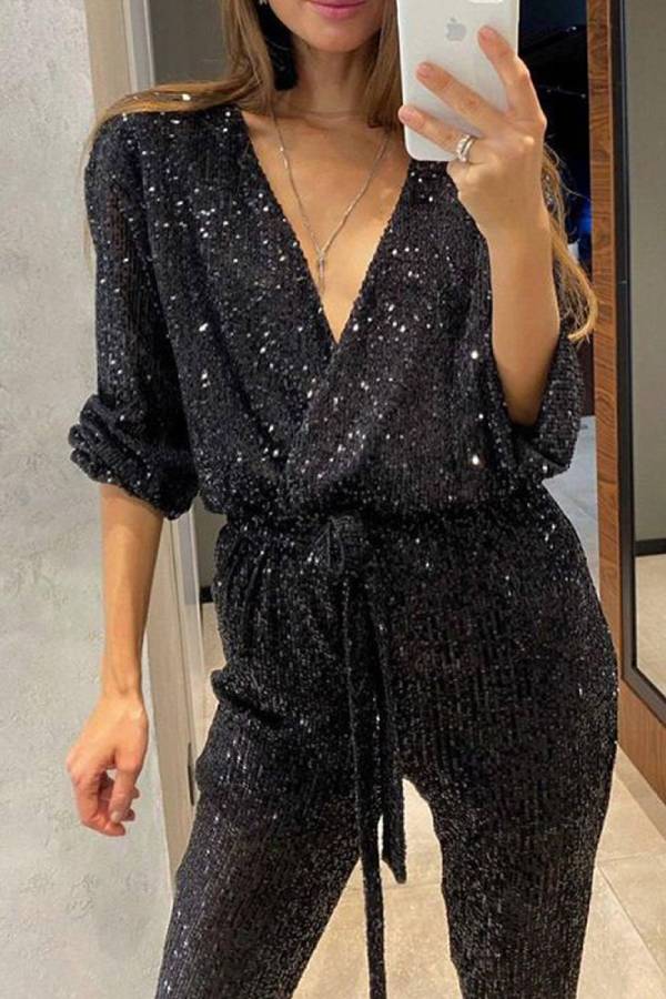 Sequined deep V-neck tie-waist jumpsuit