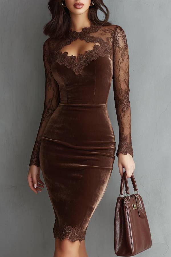 Brown Vintage Keyhole Neckline Lace Sleeve Velvet Mini Dress