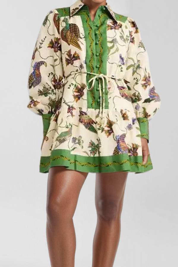 Floral and bird print shirt collar fitted dress