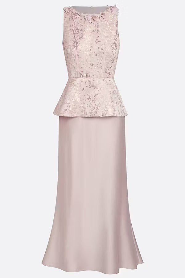 Siena 3D Floral Trim Lace Crew Neck Sleeveless Drape Satin Hem Maxi Dress