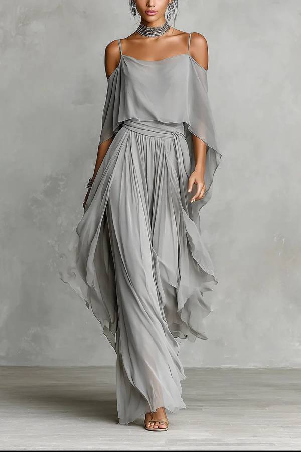 Grey off-shoulder flowy camisole and trousers chiffon set