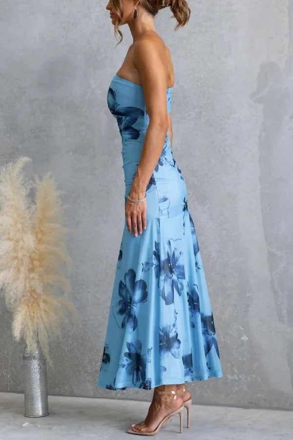 Floral Print Elegant Mesh Off-shoulder Fitted Maxi Dress