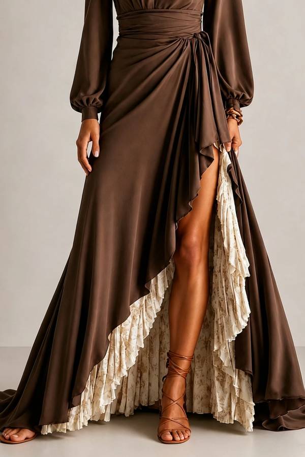 Wrap V Neck Lantern Sleeve Two-Layer Ruffle Slit Maxi Formal Dress