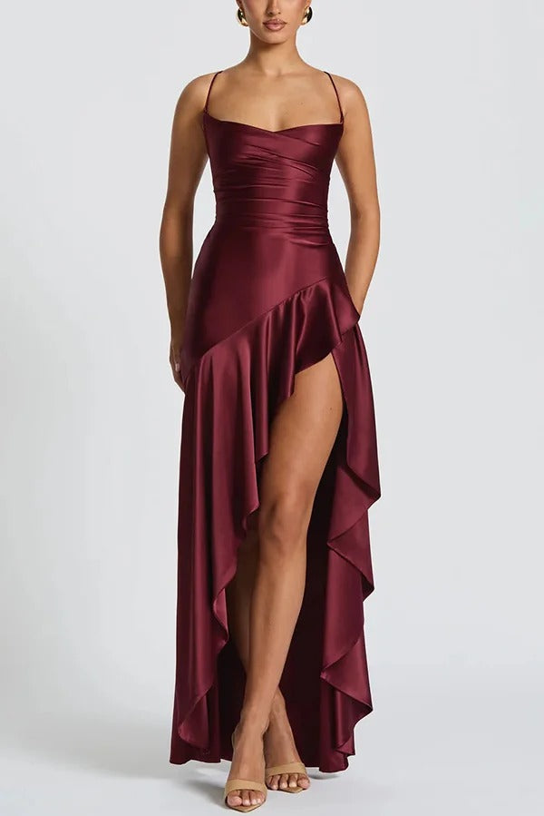 Solid Color Sexy Backless Lace-up Irregular Ruffled Maxi Dress