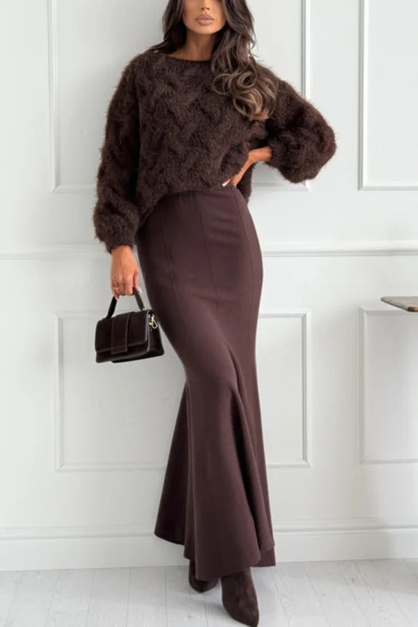 Caitlin Knit Stretch Fabric High Waist Fishtail Casual Maxi Skirt