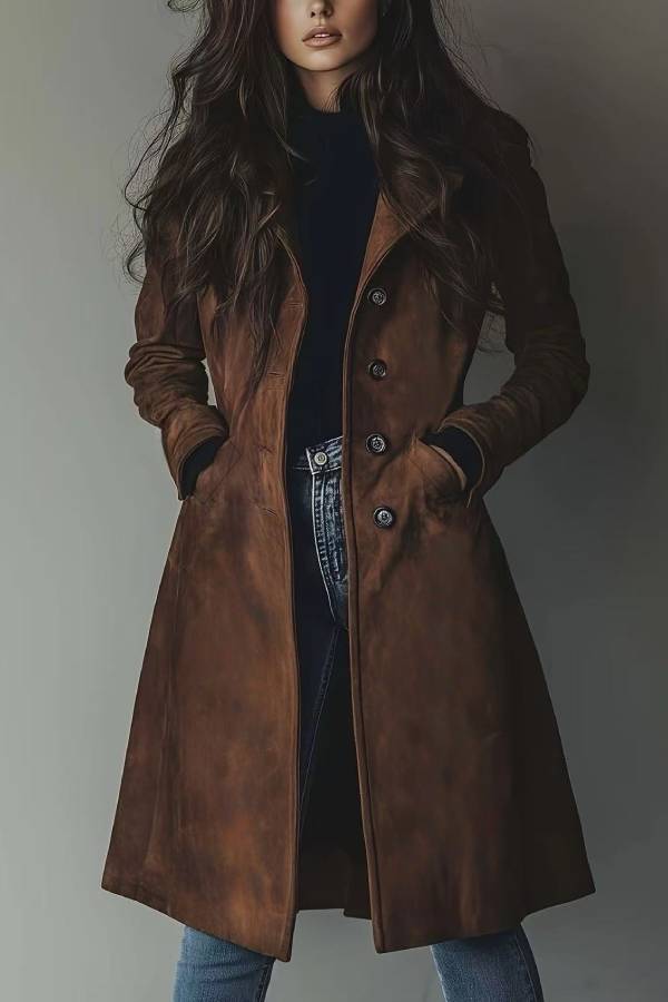 Retro suede single-breasted long trench coat