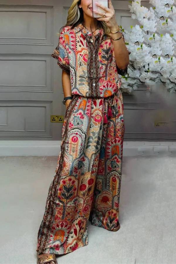 Boho Printed Fringe-Accented Loose Blouse