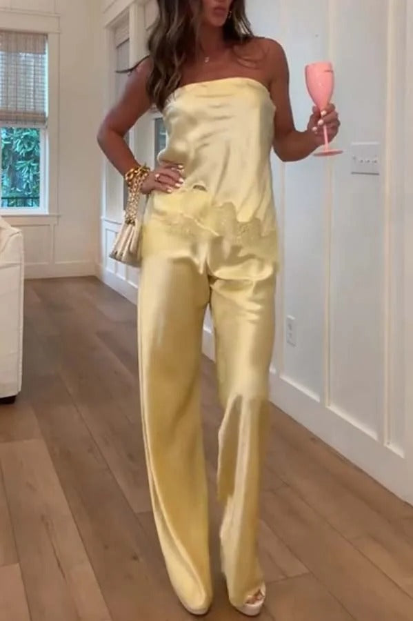 Odessa Satin Floral Lace Hem Strapless Tank and Mid Rise Wide Leg Pants Set