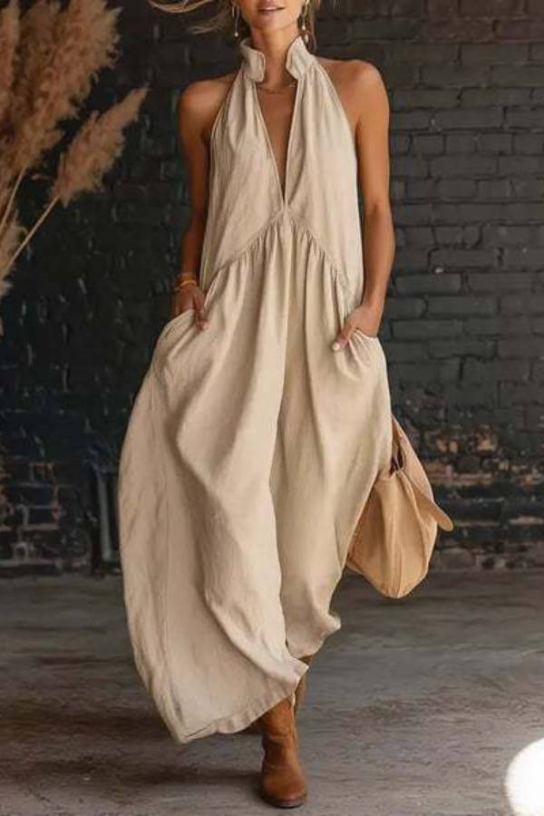 Bohemian Halter V-Neck Linen Maxi Dress