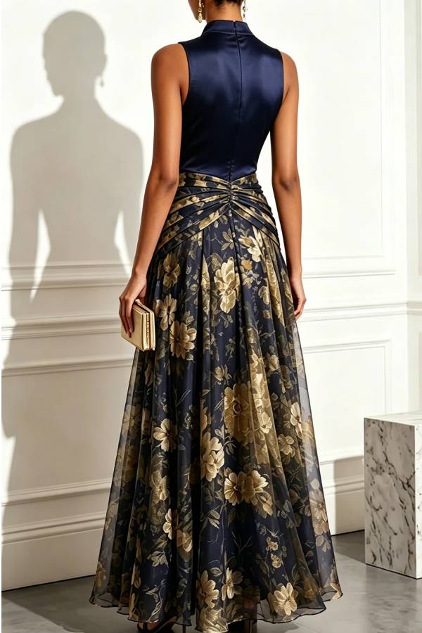 Prairie Satin High Neck Metallic Butterfly Detail Floral Tulle Hem Maxi Dress