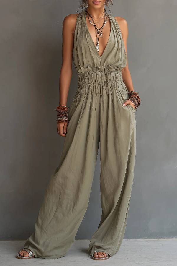 Bohemian Halter Deep V-Neck Smocked Waist Wide-Leg Jumpsuit