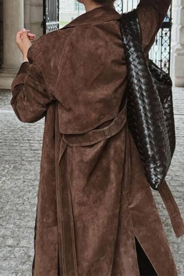 Vintage Caramel Brown Suede Long Trench Coat