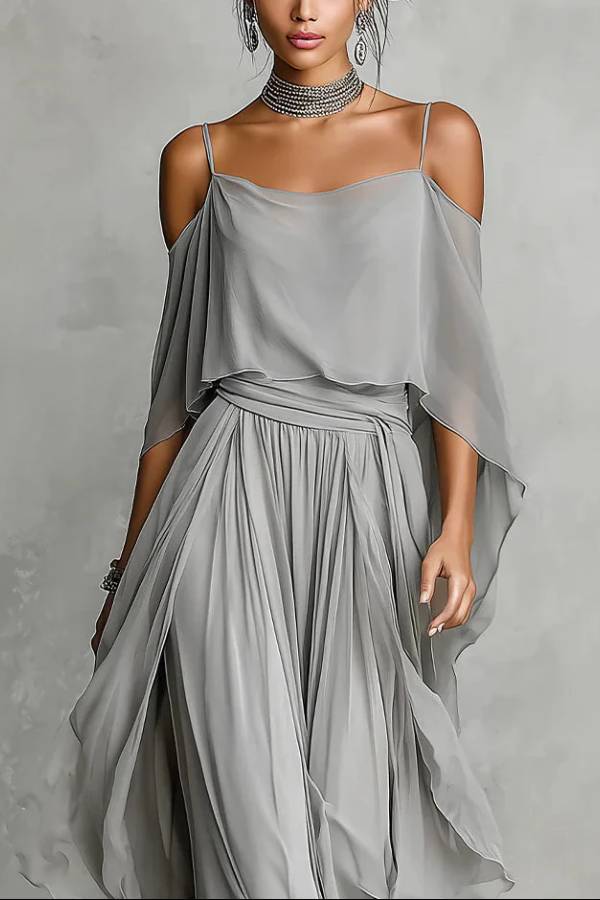 Grey off-shoulder flowy camisole and trousers chiffon set