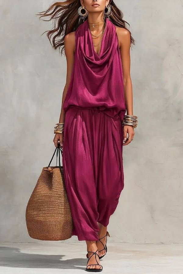 Cowl Neck Halter Sleeveless Draped Wide-Leg Two-piece Pants Set