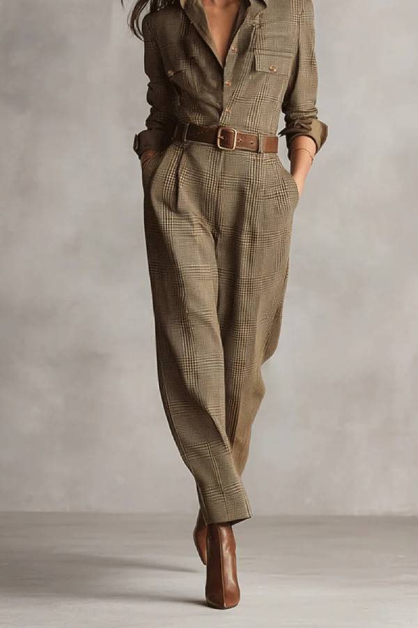 Brown Sophisticated Tweed Texture Plaid Utility Jumpsuit