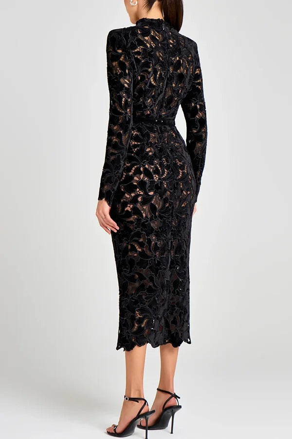 Diane Velvet Embroidered Floral Lace Long Sleeve Belt Scallop Edge Midi Dress