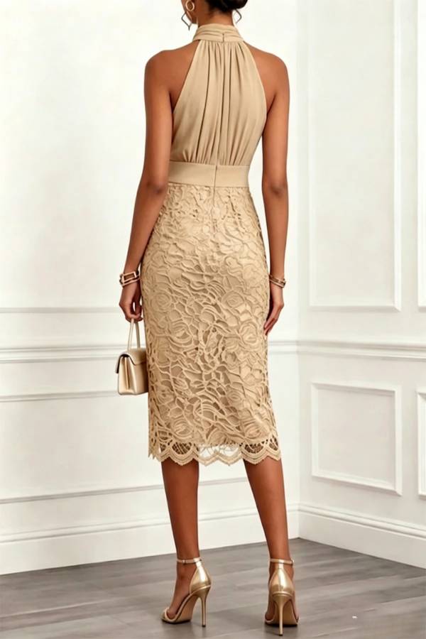 Jamie Ruched Halter Neck Sleeveless Lace Jacquard Hem Midi Dress