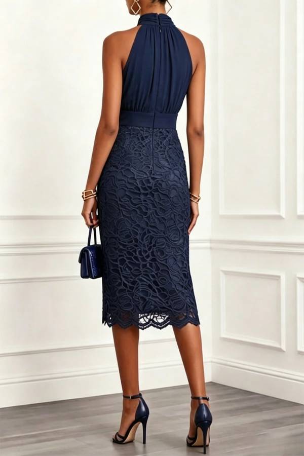 Jamie Ruched Halter Neck Sleeveless Lace Jacquard Hem Midi Dress