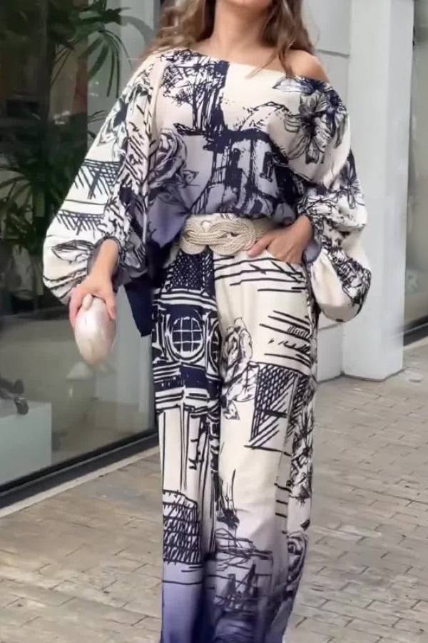 Artistic architectural print off-the-shoulder wide-sleeved wide-leg pants suit