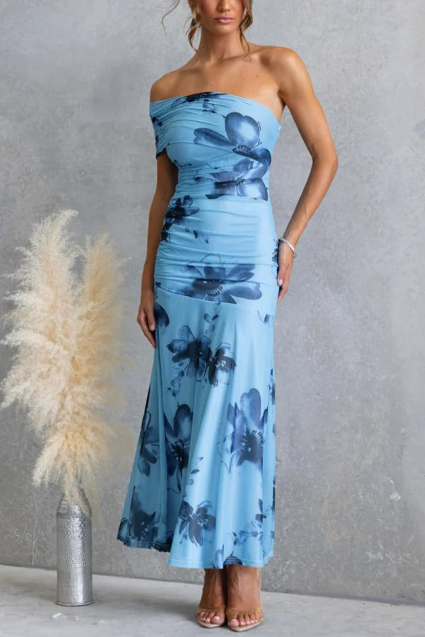 Floral Print Elegant Mesh Off-shoulder Fitted Maxi Dress